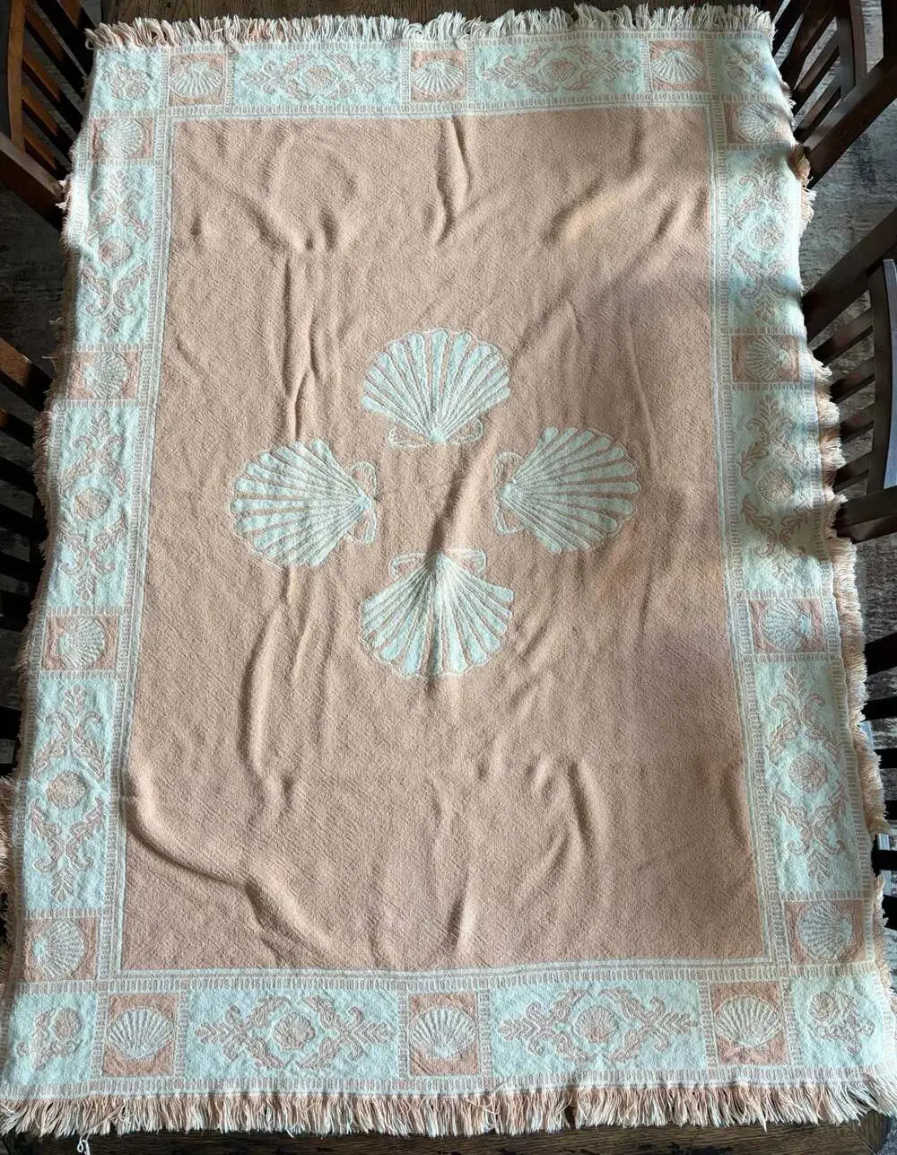 Vintage Fringed Woven Seashell Tapestry Throw Blanket